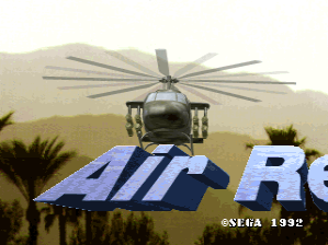 A large military helicopter with rotating blades dominates the center of the screen, positioned above a blue and white striped rectangular shape. Palm trees line both sides of the scene against a sandy, desert-colored background. The word 'RESCUE' appears in large blue capital letters in the lower right. A copyright notice reading '©SEGA 1992' is visible in the bottom right corner. The overall composition suggests an action game with an airborne rescue theme rendered in colorful arcade-style graphics.