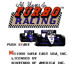 The title screen displays "Al Unser Jr. Turbo Racing" in large red and blue letters at the top, with a checkered flag pattern beneath. Two Formula 1 race cars in dark blue and white livery are positioned centrally below the logo. A "PUSH START" prompt appears in the middle-lower area. Copyright and licensing text for Data East USA, Nintendo of America Inc., and Mindscape Inc. are printed at the bottom in small black text against the plain background.