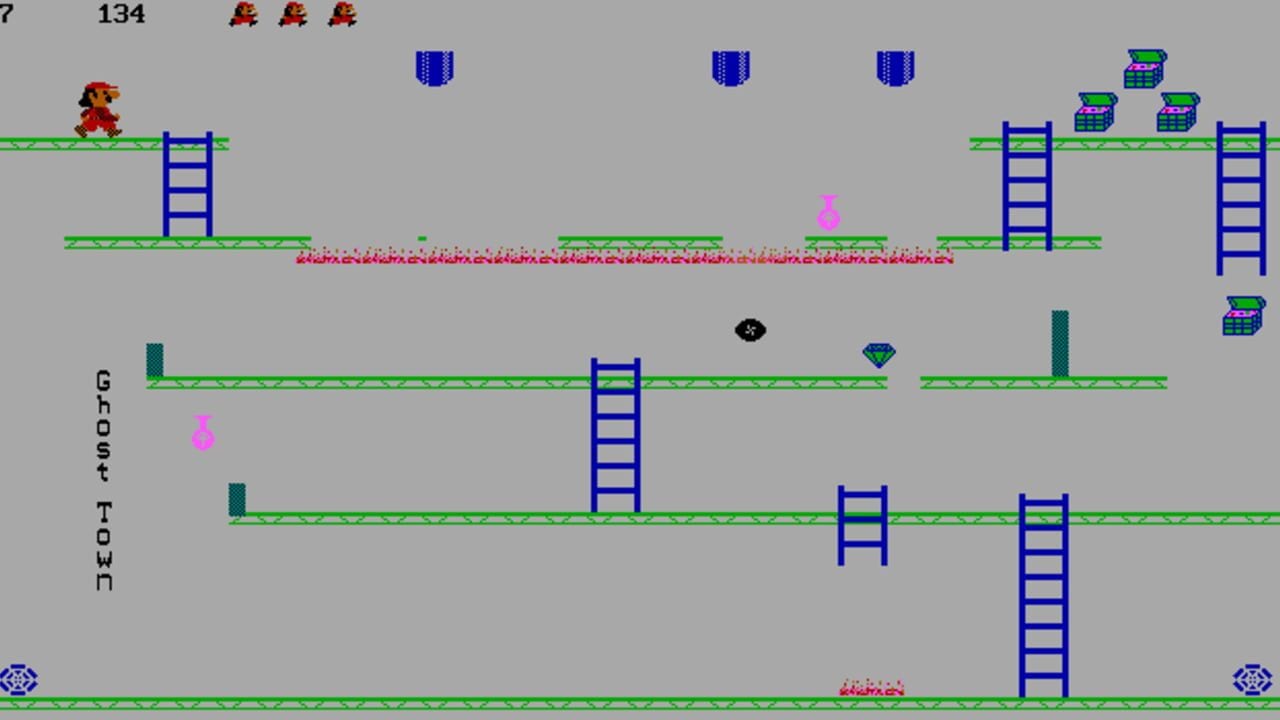 A multi-level platform stage displays a character sprite on the left platform, with three enemy sprites visible at the top. The level contains five horizontal green platforms connected by blue ladders at varying heights. Pink diamond-shaped collectibles and a black rotating enemy sprite populate the middle sections. Blue treasure chest icons appear in the upper right corner near stacked green crates. The score reads 134 at the top, with a tower counter on the left side. Red brick patterns line the platform edges, and scattered obstacle blocks in teal appear throughout the level against a gray background.