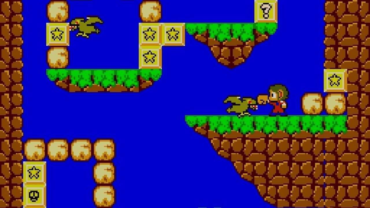 A blue sky platformer level displays brown brick walls on the left and right edges, with floating grass-topped platforms in the center. A small character in red stands on a green grass platform mid-screen, facing a yellow bird enemy. Yellow blocks with star symbols and beige blocks are scattered across upper platforms. A second yellow bird flies in the upper left area. The lower left shows two yellow blocks stacked vertically containing star and face symbols, with four beige blocks above them. Bright green grass tops brown brick platforms throughout the scene.