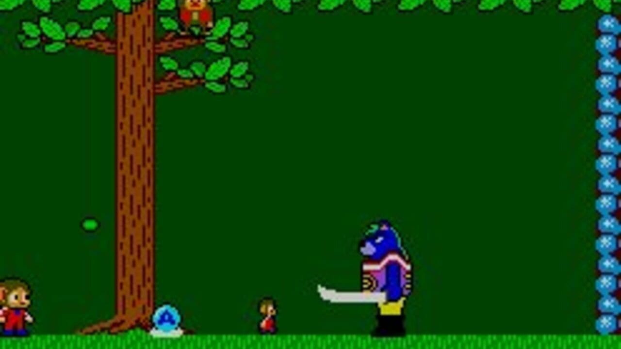 A character in blue with a white arm extended stands in the center-right of a grassy outdoor scene. On the left, a child-like sprite in red stands near a large brown tree trunk with green foliage. A small blue spinning projectile appears near the tree base. The background is solid green, with a blue ice-themed vertical UI bar on the right edge showing stacked diamond or crystal icons. A small green object floats in the upper-left area. The sprite art uses 8-bit styling with limited color palettes typical of SMS-era games.