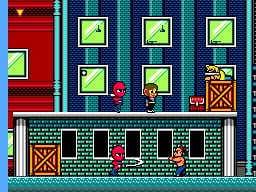 A ninja character stands on a teal brick platform at the bottom center, facing right. Above are multiple tiers of green-brick walls with yellow-trimmed openings and red crate structures. The left side shows a vertical red building with a small character near the top. Yellow leaf-shaped power-up icons are scattered across five locations in the upper section against a dark blue checkered background. A small pink character appears mid-level on the right side. The scene uses a bright 8-bit pixel art style with a color palette of red, cyan, green, yellow, and dark blue.