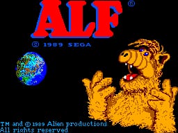 The title screen displays the red ALF logo at the top with a 1989 SEGA copyright notice below it. To the left is a small colorful globe sprite, and to the right stands a large pixelated yellow character sprite in a hunched pose. At the bottom, white text reads 'TM and © 1989 Allen Productions' against a black background. The art style features 8-bit sprite graphics typical of early SMS games.
