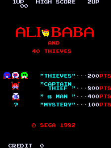 The title screen displays "ALI BABA AND 40 THIEVES" in large red text at the center, with a small character sprite between the words. Below sits a scoring table listing four characters—Thieves, Captain, Thief, and Mystery—each with point values ranging from 100 to 800 points. Small colored sprite icons appear to the left of each row. The top of the screen shows "1UP", "HIGH SCORE", and "2UP" indicators. A Sega copyright notice and credit counter appear at the bottom. The background is black with white and red text in a blocky, pixelated arcade font typical of early 1980s games.