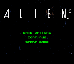 The title screen displays 'ALIEN 3' in large white capital letters at the top center, with a registered trademark symbol. Below, three menu options appear in bright green text: 'GAME OPTIONS', 'CONTINUE', and 'START GAME', arranged vertically and centered. The background is entirely black with scattered white pixel dots resembling stars. The overall composition is simple and symmetrical with minimal visual elements beyond the text.