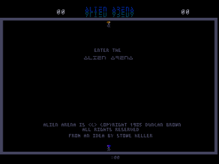 A black screen displays the title 'ALIEN ARENA' in cyan text at the top center, flanked by score values of 00 on both sides. Below, centered text reads 'ENTER THE' followed by 'ALIEN ARENA' in larger lettering. Further down, a copyright notice states 'ALIEN ARENA IS (C) COPYRIGHT 1985 DUNCAN BROWN' and 'ALL RIGHTS RESERVED', with 'FROM AN IDEA BY LYDIA MILLER' beneath. The screen uses a simple cyan-on-black color scheme typical of early 1980s arcade displays.