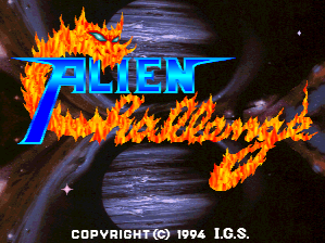 The title screen displays "ALIEN Challenge" in large blue letters with orange flame effects surrounding the text against a dark starfield background. Below the title, additional stylized orange flame text extends across the lower portion. A copyright notice reading "COPYRIGHT (C) 1994 I.G.S." appears in white text at the bottom of the screen. Small white stars are scattered across the black background.