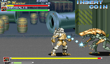 A armored warrior character in gold and brown armor stands on the left side of the screen engaging a large insectoid creature with a curved tail on the right. Blue projectile effects are visible between them. The HUD displays the player's health bar in green at the top left, showing "P-Warrior" and "ALIENS" text with a score of 24501. A yellow health bar for the enemy spans the bottom of the screen. Stacked barrels and industrial structures occupy the background. The art style uses 32-bit pixel sprites with a side-scrolling beat-em-up layout. An "INSERT COIN" prompt appears in the top right corner.