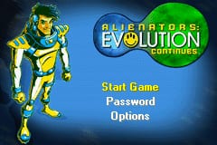 The title screen displays a blue oval logo reading 'Alienators: Evolution Continues' in the upper center, with a yellow and blue armored alien character standing to the left in a three-quarter pose. Below the logo, white text lists three menu options: 'Start Game,' 'Password,' and 'Options,' arranged vertically. The background is dark blue-black with subtle gradient shading, creating depth behind the foreground elements. The overall aesthetic uses bright primary colors typical of Game Boy Advance-era sprite graphics.