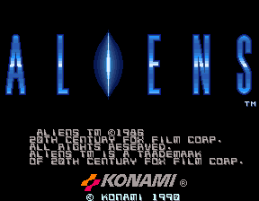 The Aliens arcade title screen features the word "ALIENS" in large blue metallic lettering against a black background. Below the title, white text displays copyright information for 20th Century Film Corp and Konami, along with a TM symbol in the top right. The Konami logo appears at the bottom with a red four-pointed star symbol preceding it. The overall aesthetic uses a dark background with bright blue and white typography typical of early 1990s arcade presentations.