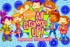The title screen displays the "All Grown Up!" logo in large orange letters with a blue-outlined border at the center. Below the title is the subtitle "Express Yourself" in smaller pink text. Ten cartoon characters with colorful hair and clothing are arranged in two rows above and around the logo, rendered as bright sprites against a blue checkered background. Blue circular orbs appear in the upper corners and lower section. The overall aesthetic uses vibrant primary colors typical of Game Boy Advance graphics, with simple sprite-based character designs.
