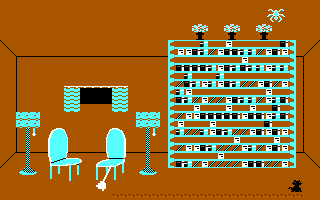 A brown interior scene displays a cyan-colored apartment building facade on the right side, composed of multiple floors with window openings. On the left, a cyan furnished living room contains two chairs flanking a table, a wall-mounted picture frame, and a standing lamp. A black cat sprite appears near the top of the building. The overall scene uses a limited color palette of brown, cyan, and black with blocky pixel-art styling typical of early 1980s computer graphics.