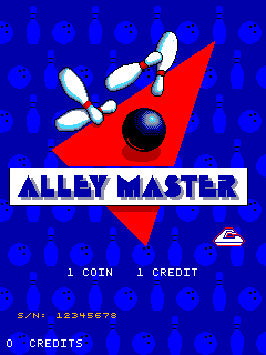 The title screen displays a red triangular arrow pointing right in the center, with a white bowling pin and black bowling ball positioned above it. Below sits the white text "ALLEY MASTER" on a blue background filled with repeated pin symbols. The bottom of the screen shows coin and credit information in white text, along with a score display reading "0 CREDITS" in blue.