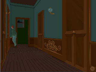 A first-person perspective view of an interior hallway rendered in 3D polygonal graphics with a low polygon count. The player character stands in a brown-floored corridor with teal-blue walls on the left and dark brown wooden paneling on the right. Multiple doorways are visible along both sides of the hallway, with a green door prominently featured on the left wall. The ceiling shows exposed brown beams, and decorative ornamental details appear on the lower brown wall section. The color palette consists primarily of browns, teals, and greens with limited shading, typical of early-1990s 3D adventure game aesthetics.