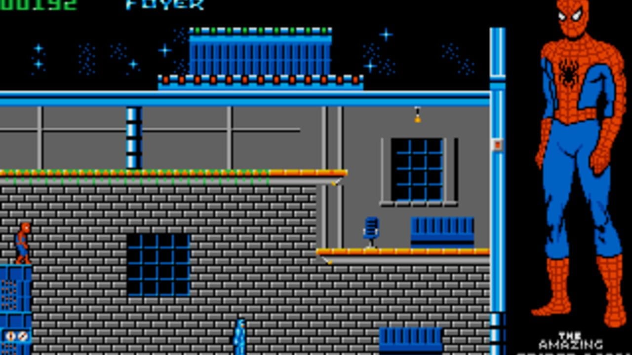 Spider-Man stands on a brick ledge inside an industrial interior with gray brick walls, blue-outlined windows, and a blue vertical pipe on the right. A small blue robot enemy is positioned on the middle platform. Yellow and orange striped beams span horizontally across the scene. The right side displays a full-body sprite of Spider-Man in his red and blue costume. The HUD shows "HOUSE" in green text at top-left and "04" in the bottom-left corner. The scene uses 8-bit pixel graphics with a dark black background and sparse blue star details.