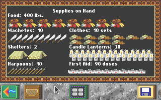 A resource management screen displays supplies inventory for an expedition along the Amazon. The top portion lists items in columns: Food (400 lbs), Machetes (10), Clothes (10 sets), Supplies on Hand including Candle Lanterns (30), Medicine (75), and First Aid (90 doses). Below are additional resources: Shelters (2), Harpsoons (10), and what appears to be a row of white candle lantern icons. The interface uses a dark background with orange-bordered frame decoration typical of early 1990s DOS educational software. A toolbar with tool icons is visible at the bottom of the screen.