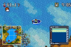 A fishing boat viewed from above on water with a cloudy sky background. The boat is centered in the middle of the screen. The upper left displays a health or status bar with yellow coloring and text reading "LIFE 1 F". The upper right shows a timer reading "9:08". A minimap with yellow and blue sections appears in the lower left corner. An empty blue-outlined inventory or catch display panel occupies the lower right. The graphics use 16-bit pixel art with a light blue water palette and white clouds scattered across the sky.