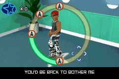 A performer stands center-stage on a teal-colored floor with a large circular green spotlight around them. Six triangular golden markers labeled 'A' are positioned around the perimeter of the circle at different angles, indicating timing or directional cues. A small character sprite with black and white coloring faces toward the upper area. The top-left corner displays a score or rating indicator with a blue star icon. Yellow text at the bottom reads 'YOU'RE BACK TO BOTHER ME,' suggesting song lyrics or dialogue. The interface uses GBA-era pixel art with a turquoise background and simplified sprite graphics.