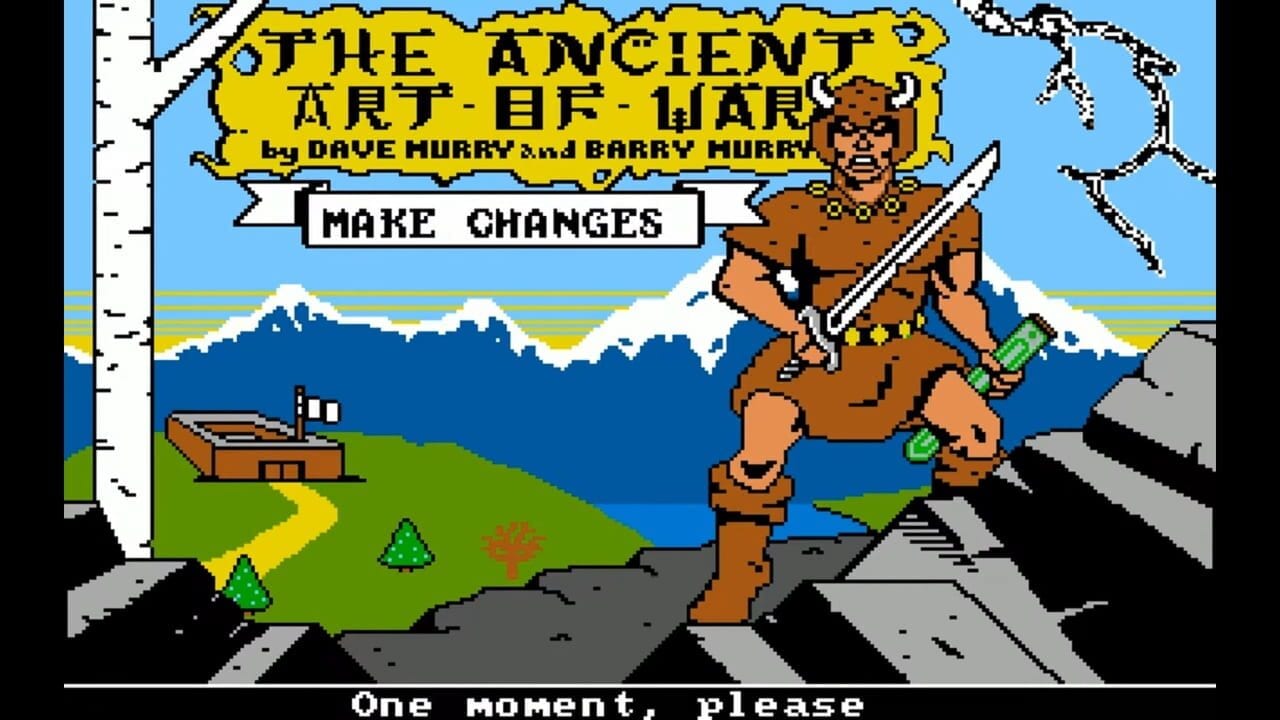 A title screen displays 'The Ancient Art of War' by Dave Hurry and Barry Hurry in a yellow banner at the top, with 'Make Changes' beneath it. A brown-skinned warrior character wearing tan clothing and holding a sword stands prominently on the right side of the screen. The background shows a landscape with snow-capped mountains, a green field with small trees and a wooden structure on the left, and a blue water body in the middle distance. The text 'One moment, please' appears in white at the bottom. The art style uses bright primary colors with visible pixelation typical of 1980s computer graphics.