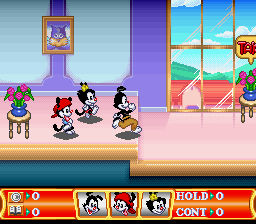 A side-scrolling platformer level displays five cartoon characters standing on a tan platform against a colorful background featuring a purple tower, green windows, and pink building structure. At the bottom of the screen, a HUD bar shows character portraits in small frames along with numerical indicators on both left and right sides. The sprite art uses bright colors and visible pixelation typical of early-1990s SNES graphics.