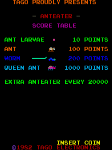 The title screen displays orange and cyan text on a black background. At the top, "TAGO PROUDLY PRESENTS" appears in orange, followed by "ANTEATER" in cyan. Below is a score table listing four characters: ANT LARVA worth 10 points, ANT worth 100 points, WORM worth 200 points, and QUEEN ANT worth 1000 points, each accompanied by a small pixelated sprite. Text states "EXTRA ANTEATER EVERY 20000" in cyan. At the bottom, a copyright notice reads "©1982 TAGO" in orange with "INSERT COIN" centered in cyan, typical of arcade game cabinet instructions.