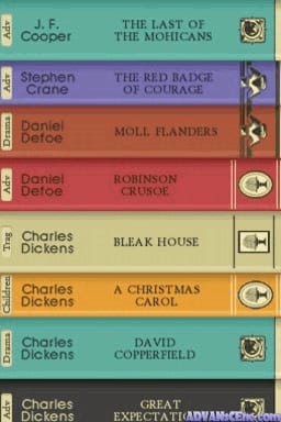 A vertical list of classic literature titles displayed on a beige background. Eight book entries are visible, each with a colored bar on the left side containing the author's name and a corresponding book icon on the right. The titles shown include works by J.F. Cooper, Stephen Crane, Daniel Defoe, Charles Dickens, arranged in a simple menu interface typical of early Nintendo DS educational software. The color scheme uses pastels including purple, orange, red, cream, and blue for visual differentiation between entries.