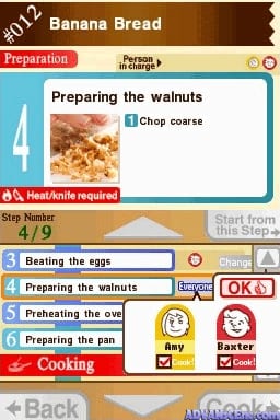 A recipe preparation screen for Banana Bread shows step 4, with "Preparing the walnuts" as the current task. A photo of chopped walnuts appears in the upper section with an instruction to "Chop coarse." Below, a checklist displays steps 3 through 6, including "Beating the eggs," "Preparing the walnuts," "Preheating the oven," and "Preparing the pan." Character avatars for Amy and Baxter appear in the lower right. Navigation elements include a "Back" button at the bottom left and "Start from Here" option in the upper right, with Heat/Knife required indicator visible.