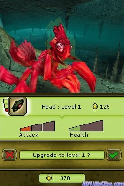 A large red mutant crab creature dominates the center of the screen against an underwater backdrop with teal coloring and sunken structures. The game interface occupies the bottom half with a lime-green panel displaying the creature's head at Level 1 with 125 health points. Below that are two brown attack and health stat boxes, followed by a green upgrade prompt asking to upgrade to level 1. The bottom bar shows 370 currency units in white text on tan background. Sprite-based graphics with bright saturated colors and pixelated details typical of Nintendo DS resolution.