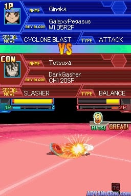 A Beyblade battle screen displays two competitors: Ginoka with Galaxy Pegasus versus Tetsuya with Dark Gasher. The top half shows player one's information with a portrait and move set listing Cyclone Blast, while the bottom half shows the opponent's Dark Gasher with Slasher ability. A versus banner separates the two sides. The arena below features a pink stadium surface with two spinning beyblades colliding in an orange explosion effect in the center. Health bars for both players appear at the bottom of the screen in blue and red.