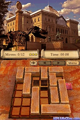 The lower screen displays a top-down puzzle maze with brown wooden brick-like blocks arranged in a grid pattern on a reddish-brown floor. The upper screen shows a 3D exterior view of a tan-colored multi-story building with arched windows and architectural details, set against a blue sky with clouds. UI elements at the top of the lower screen indicate "Moves: 0/12" and "Time: 00:08" with menu controls visible. The art style uses low-resolution 3D graphics typical of Nintendo DS hardware.