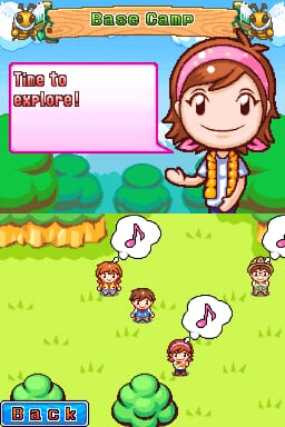 The screen displays a grass field with several small chibi-style characters scattered across a bright green background. At the top, a character with brown hair and a pink headband stands in a white UI box with text reading 'Time to explore!' Below, multiple child-sized figures are positioned on the grass with musical note speech bubbles above them. Green bushes and shrubs occupy the lower portion and sides of the scene. The interface includes a wooden banner reading 'Base Camp' at the top with decorative owl icons, and a 'Back' button appears in the bottom-left corner. The art style uses flat, pixelated sprites typical of Nintendo DS games.