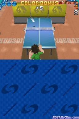 A top-down view of a ping-pong table in play, with a player character positioned at the bottom center in a ready stance. The blue table surface is clearly visible with white net divider down the middle. Three yellow tennis balls are displayed in a container above the table. The UI shows "COLOR BONUS!" text at top left with three circular icons, a score of 5, and a small icon in the upper right corner. Below the play area is a blue section with diagonal striped pattern. The scene uses bright colors and clean 2D sprites typical of Nintendo DS sports games.