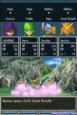 A battle interface displays four party members across the top: Spoosh, Piddle, Bang, and Sweet Breath, each with corresponding magic or ability names. Below shows character status panels with HP and MP values ranging from 80 to 180 HP and 12 to 16 MP. The lower half depicts a 3D landscape scene with rocky cliffs, green hills, and a cloud of pink or purple mist in the center where enemies appear. A text box at the bottom reads 'Newt on spews forth Sweet Breath' indicating an ongoing attack action. Three menu command buttons are visible at the very bottom of the screen.