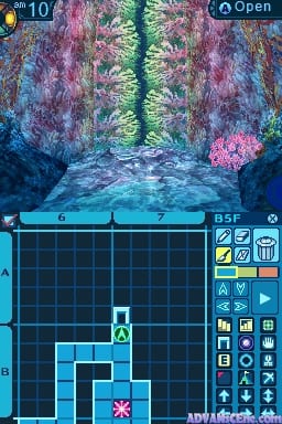 A dungeon map grid occupies the lower half of the screen, displaying explored passages in cyan and light blue tiles with a small player icon in the center. The upper half shows a first-person perspective of a forest corridor with pink and blue flowering trees lining a gray stone pathway leading into the distance. A HUD panel on the right displays inventory icons and ability buttons. The top-left corner shows a coin count of 10, and a blue "Open" indicator appears in the top-right corner. The overall color palette uses cool blues, pinks, and grays against a dark background.