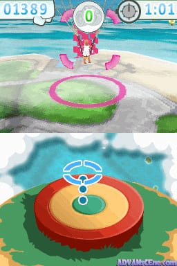 Two stylized overhead views of a resort location. The top screen shows a circular pink ring structure on sand with a character figure standing in the center near a pink structure, surrounded by blue water. A score display reads 01389 in the upper left, a clock shows 1:01, and a 0 counter appears center-top. The bottom screen displays a concentric circular design with red, orange, and yellow rings on green ground, surrounded by blue water and white clouds, suggesting an aerial map or property layout view. Both screens use bright, flat colors typical of Nintendo DS graphics.