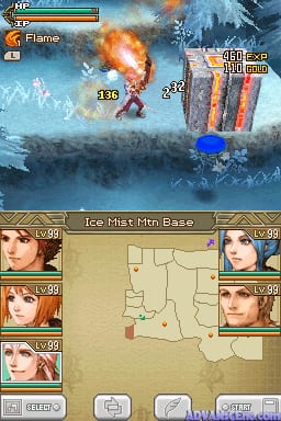 The upper screen displays an active battle scene in a snowy mountain base environment with a character performing a flame attack against enemies, featuring health bars and damage numbers. The lower screen shows a tactical grid-based map with tan coloring and terrain markings, flanked by four character portrait panels on both sides displaying party members' faces and experience levels. A menu bar with buttons appears at the bottom of the lower screen.