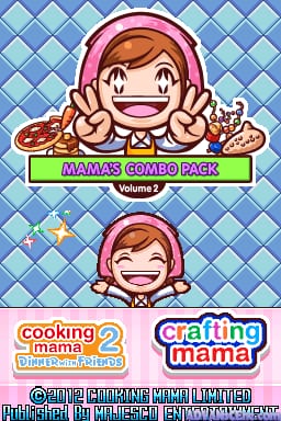 A cheerful character with brown hair wearing pink headphones makes a peace sign gesture on the upper half of the screen against a light blue diamond-patterned background. Below, a green banner reads "MAMA'S COMBO PACK" with "Volume 1" displayed. The lower section shows two game titles: "Cooking Mama 2" on the left with subtitle text, and "Crafting Mama" on the right. Small text at the bottom contains copyright information and Nintendo DS specifications.