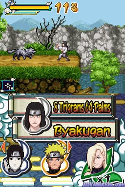 A battle scene displays a character sprite facing a large elephant-like enemy in a grassy landscape with rocky cliffs and water. The top UI shows a health bar and score of 113. The bottom panel features character portraits including Byakugan, Naruto, and Sasuke, with a four-character selection row below. The sprite-based graphics use a limited color palette typical of Nintendo DS resolution.