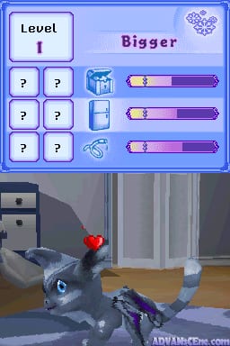 The upper half displays a blue UI panel labeled "Level 1" with six question mark tiles arranged in two rows, three gift box icons, and three purple progress bars with pencil imagery on the right side. The word "Bigger" appears in purple text at the top. The lower half shows a 3D rendered indoor scene with a gray mechanical creature or robot on the left side and a purple object on the ground, with beige flooring, gray walls, and a window visible in the background.