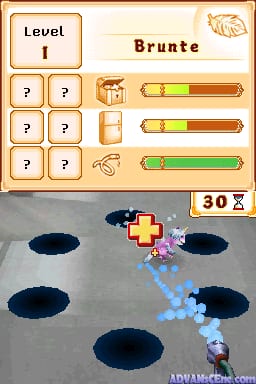A top-down view of Level 1 titled 'Brunte' shows a pixelated character sprite with a yellow cross in the center of a gray arena scattered with five dark blue circular holes. Blue particle effects trail from the character toward the bottom-left. The top-left UI displays a 3x2 grid of question mark tiles, three wooden crate icons, and three horizontal progress bars filled with yellow and green. A card counter showing '30' appears in the bottom-right corner. The art style uses low-resolution sprites and a muted color palette typical of early Nintendo DS games.