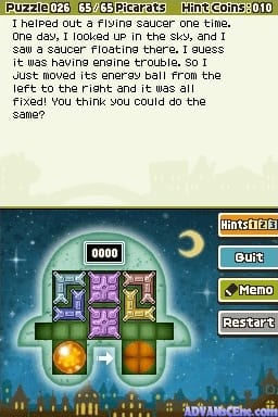 A puzzle screen displays a nighttime cityscape background with a crescent moon and stars. A large UFO-shaped mechanical object sits centered at the bottom, featuring colored tile panels arranged in a grid pattern with orange, purple, and brown squares. Above the puzzle sits a counter reading 0000. The top half shows the puzzle description text on a cream-colored background. The right side displays menu buttons labeled Start, Quit, Memo, and Restart in a vertical arrangement. The art style uses flat sprites and limited color palette typical of DS-era puzzle games.
