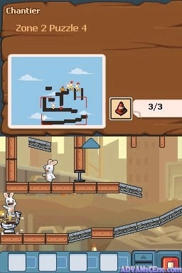 The screen displays Zone 2 Puzzle 4 of Rabbids Go Home. The upper half shows a puzzle preview with a blue sky background and wooden platform structures containing a Rabbid character. The lower half shows the active gameplay area with a brown wooden interior, two white Rabbids positioned on platforms connected by wooden planks and rail structures, and a color palette selector at the bottom displaying light blue and white blocks. A progress indicator shows 3/3 completion.