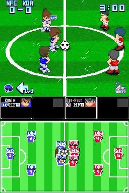 A soccer match is displayed across two screens in a split-view layout. The top screen shows an overhead view of a green rectangular soccer field with white boundary lines, featuring seven small pixel-art characters positioned across the field, a soccer ball at center, and a scoreboard reading 3-0 in the upper right corner. Team indicators appear in the top left, and player roster panels are visible at the bottom of the top screen. The bottom screen displays a tactical field diagram with player positions marked by colored jerseys and abbreviations, showing team formations and player statistics scattered across the field layout.