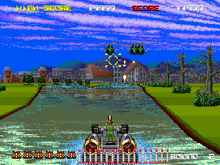 A speedboat occupies the center-bottom of the screen, viewed from above in a canal flanked by green grass and buildings. A blue sky with horizontal scan lines fills the upper portion. The HUD displays yellow text labels across the top showing game information, while red text and score elements line the bottom. Palm trees and structures dot the landscape on either side of the waterway. The scene uses a bright color palette with cyan water, blue sky, and green terrain rendered in low-resolution pixel graphics typical of early 1990s arcade hardware.