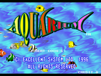 A colorful arcade title screen featuring a large yellow and red striped fish sprite centered against a blue water background with wave patterns. Small yellow fish appear in the upper right and lower left corners. White text reading "INSERT COINS" is positioned below the main fish, with blue text below stating "(C) EXCELLENT SYSTEM LTD. 1996" and "ALL RIGHTS RESERVED." A "CREDIT 0" indicator appears in the bottom right corner. The overall visual style uses bright, contrasting colors typical of mid-1990s arcade graphics with pixel-based sprite work.