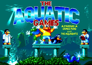 The title screen features large blue blocky text reading 'THE AQUATIC GAMES' at the top center, with 'STARRING JAMES POND AND THE AQUABATS' in smaller text below. A teal underwater background with seaweed silhouettes frames the scene. In the center, cartoon characters stand on a blue platform: a man in white lab coat on the left, James Pond (cat-like character) in the middle, and another character on the right. Blue fish and aquatic elements surround the platform. Two tall pillar structures with characters bookend the composition on either side. The overall art style uses 16-bit sprite graphics with a cyan and teal color palette.