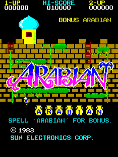 The title screen displays "ARABIAN" in large pink and blue pixelated lettering centered on a brick-pattern background in tan and orange. Above the title sits a cyan genie lamp sprite. The top of the screen shows score information: "1-UP 0100000", "HI-SCORE 0100000", and "2-UP 000000". Below the title, six small white Arabic numeral sprites represent bonus items, with "SPELL" and "ARABIAN FOR BONUS" text labels. A copyright notice reads "© 1983 SUN ELECTRONICS CORP." at the bottom in cyan text. The overall aesthetic uses 8-bit sprite graphics with a limited color palette typical of early 1980s arcade hardware.