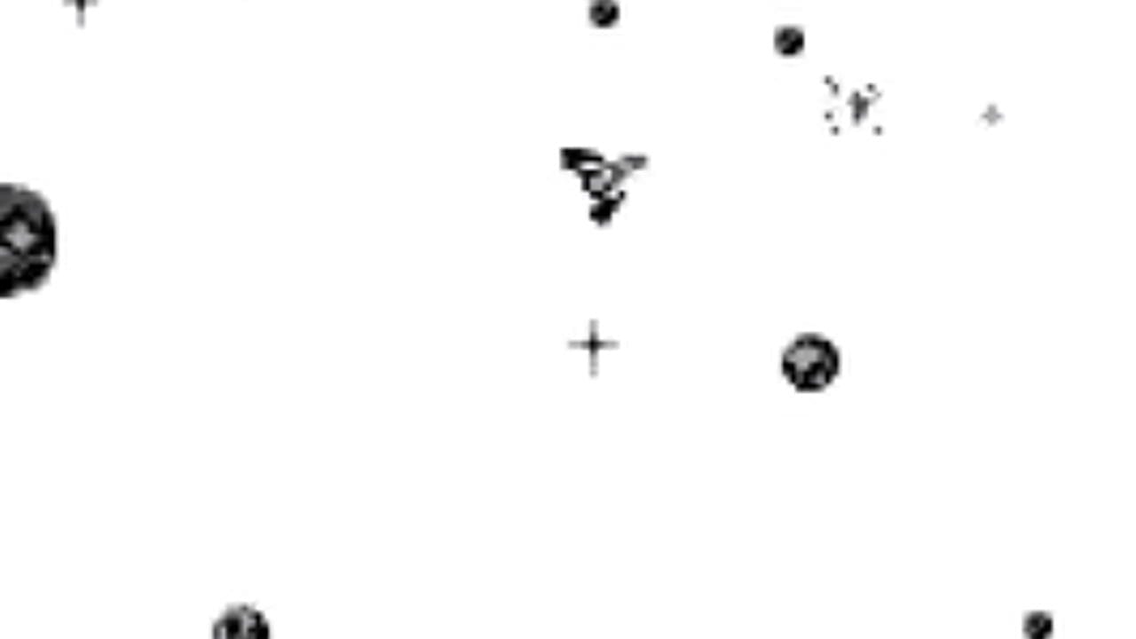 A monochrome space-themed gameplay screen displays a player-controlled triangular ship in the center with a crosshair targeting reticle below it. Multiple black asteroids of varying sizes and enemy mine-like spheres scatter across the light gray background. Small particle effects and debris marks appear in the upper-right area. The pixelated sprites use simple black pixel graphics typical of Game Boy hardware, with a sparse layout emphasizing the play space.