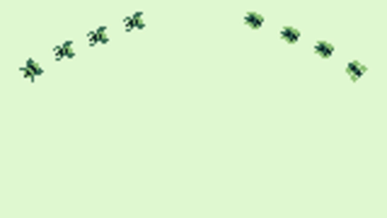 A light green background displays two diagonal formations of small dark green pixel-art spaceship sprites arranged in V-shaped patterns across the upper portion of the screen. The left formation contains five ships moving diagonally upward, while the right formation contains six ships. The center and lower portions of the screen remain empty, showing only the plain background. This appears to be a gameplay screen from a space shooter game with minimal HUD elements visible.