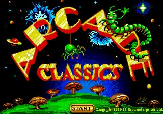 The title screen displays "CLASSICS" in large yellow letters at center, flanked by colorful arcade game characters and objects including a rocket, pac-man style figure, and green creature against a black starfield background. Multiple golden UFOs appear in the lower portion. A "START" button with copyright text is positioned at the bottom center. The visual style uses bright primary colors and pixelated sprite graphics typical of early 1990s Sega Genesis arcade compilations.